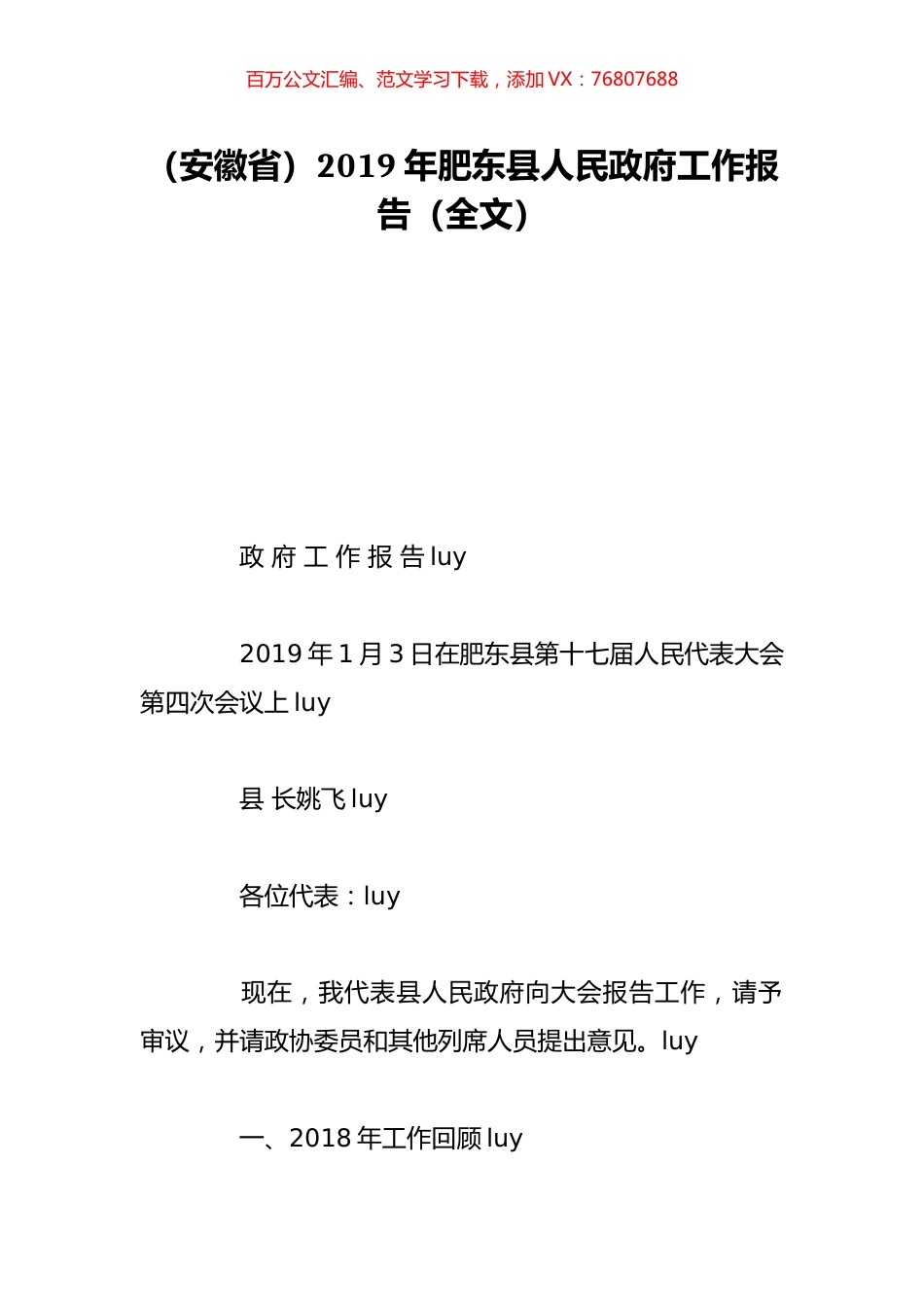 （安徽省）2019年肥东县人民政府工作报告（全文）.doc_第1页