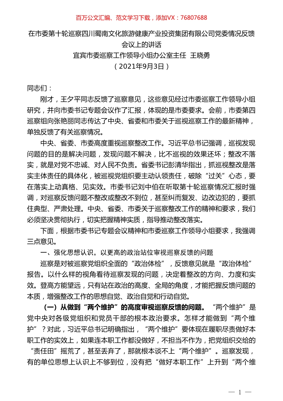 宜宾市委巡察工作领导小组办公室主任王晓勇：在市委第十轮巡察四川蜀南文化旅游健康产业投资集团有限公司党委情况反馈会议上的讲话.doc_第1页