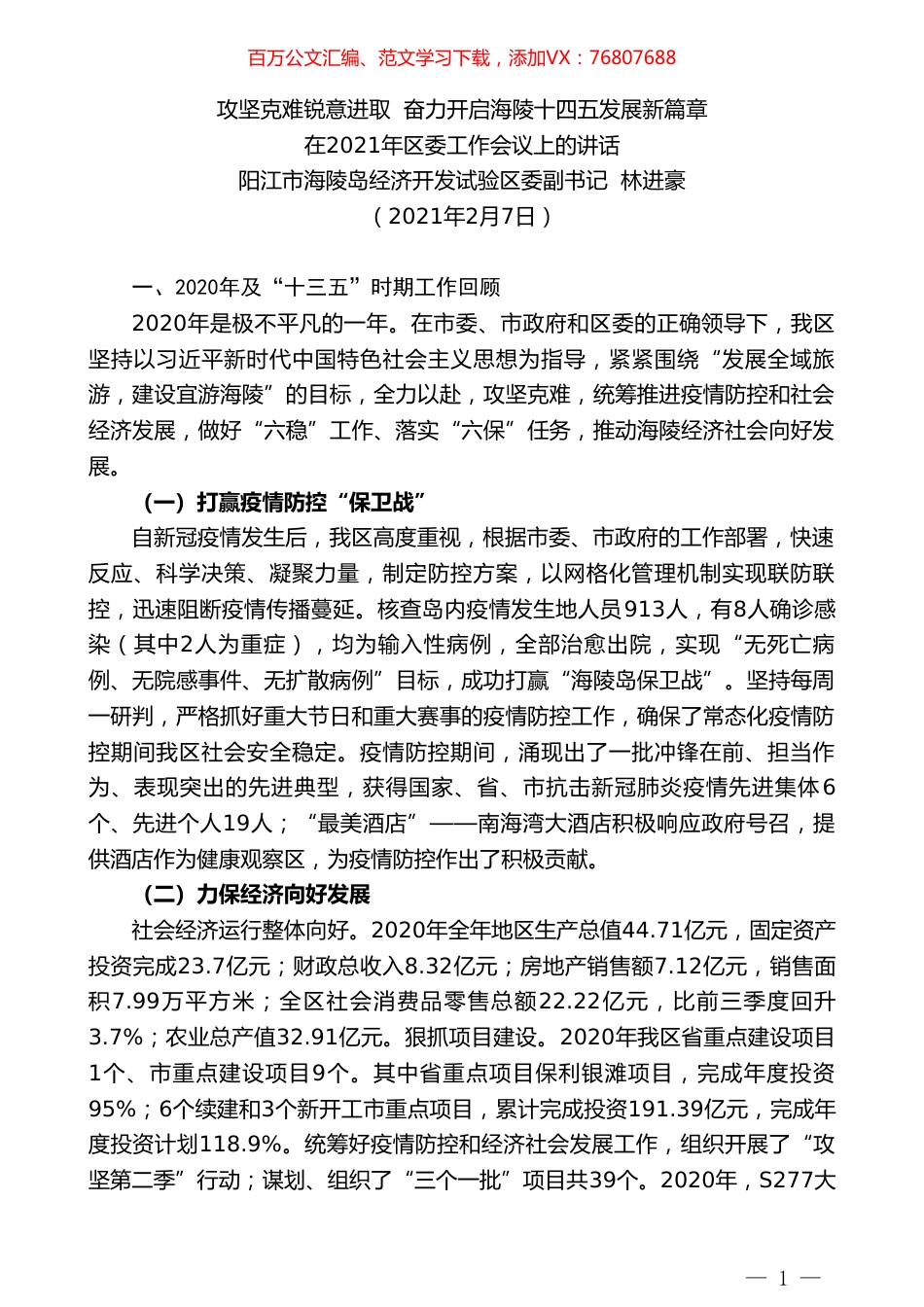 阳江市海陵岛经济开发试验区委副书记林进豪：在2021年区委工作会议上的讲话.doc_第1页