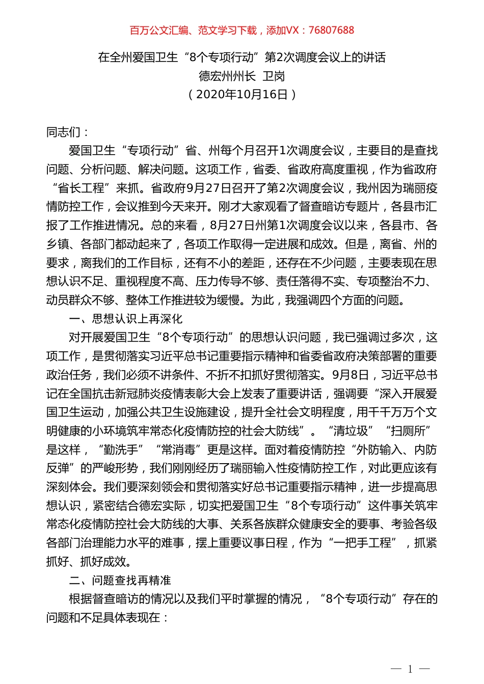 德宏州州长卫岗：在全州爱国卫生“8个专项行动”第2次调度会议上的讲话.doc_第1页