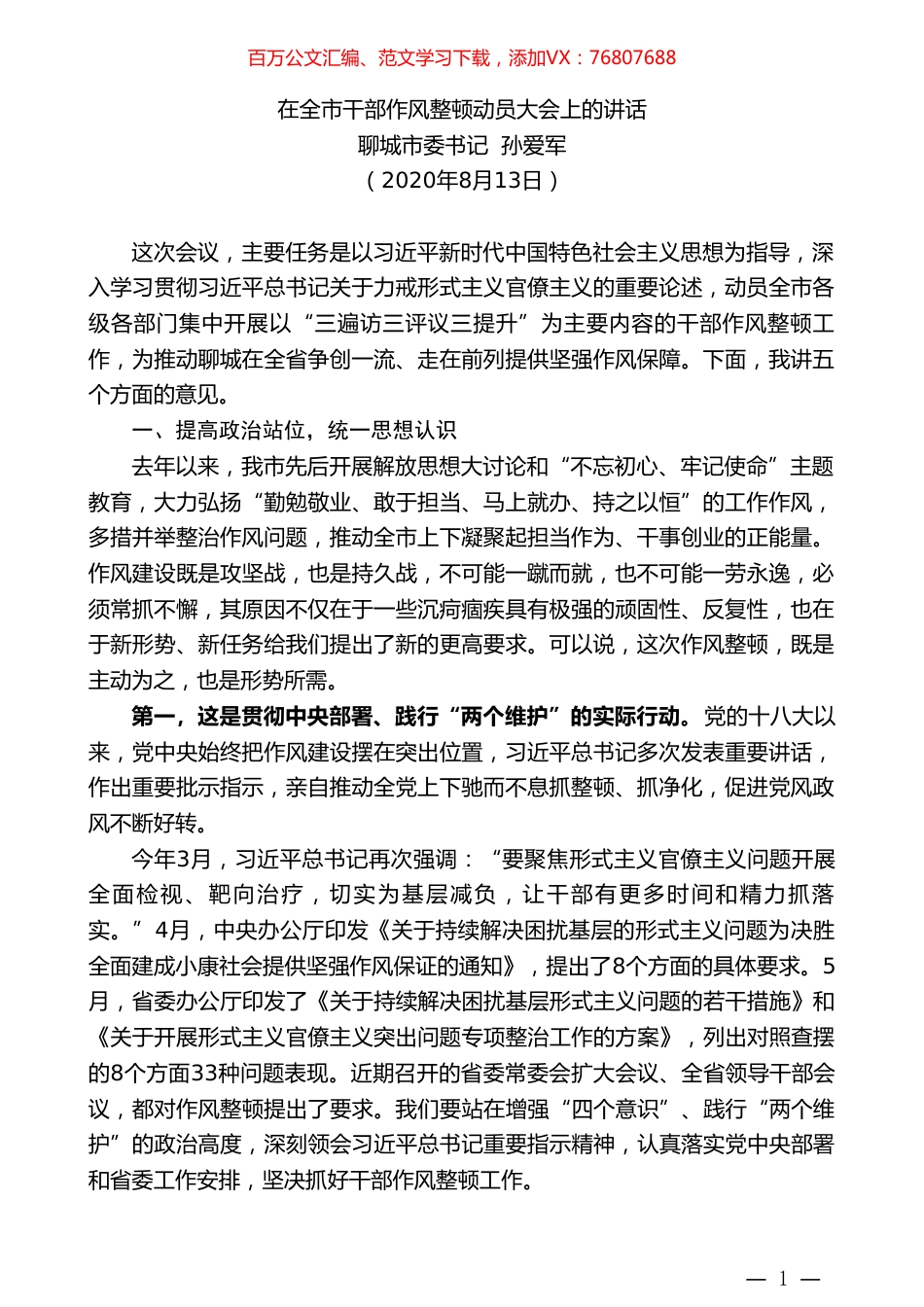聊城市委书记孙爱军：在全市干部作风整顿动员大会上的讲话.doc_第1页