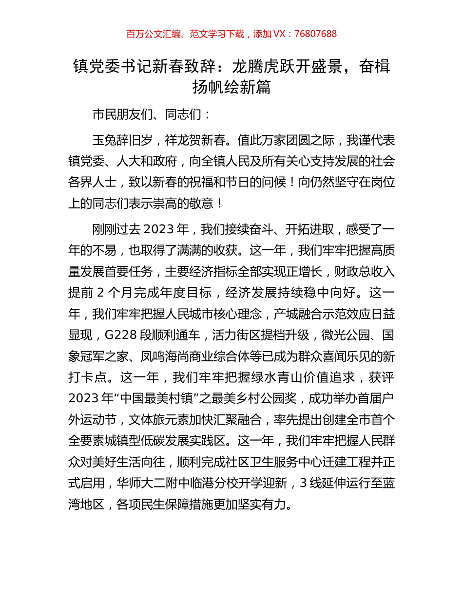 镇党委书记新春致辞：龙腾虎跃开盛景，奋楫扬帆绘新篇.docx_第1页