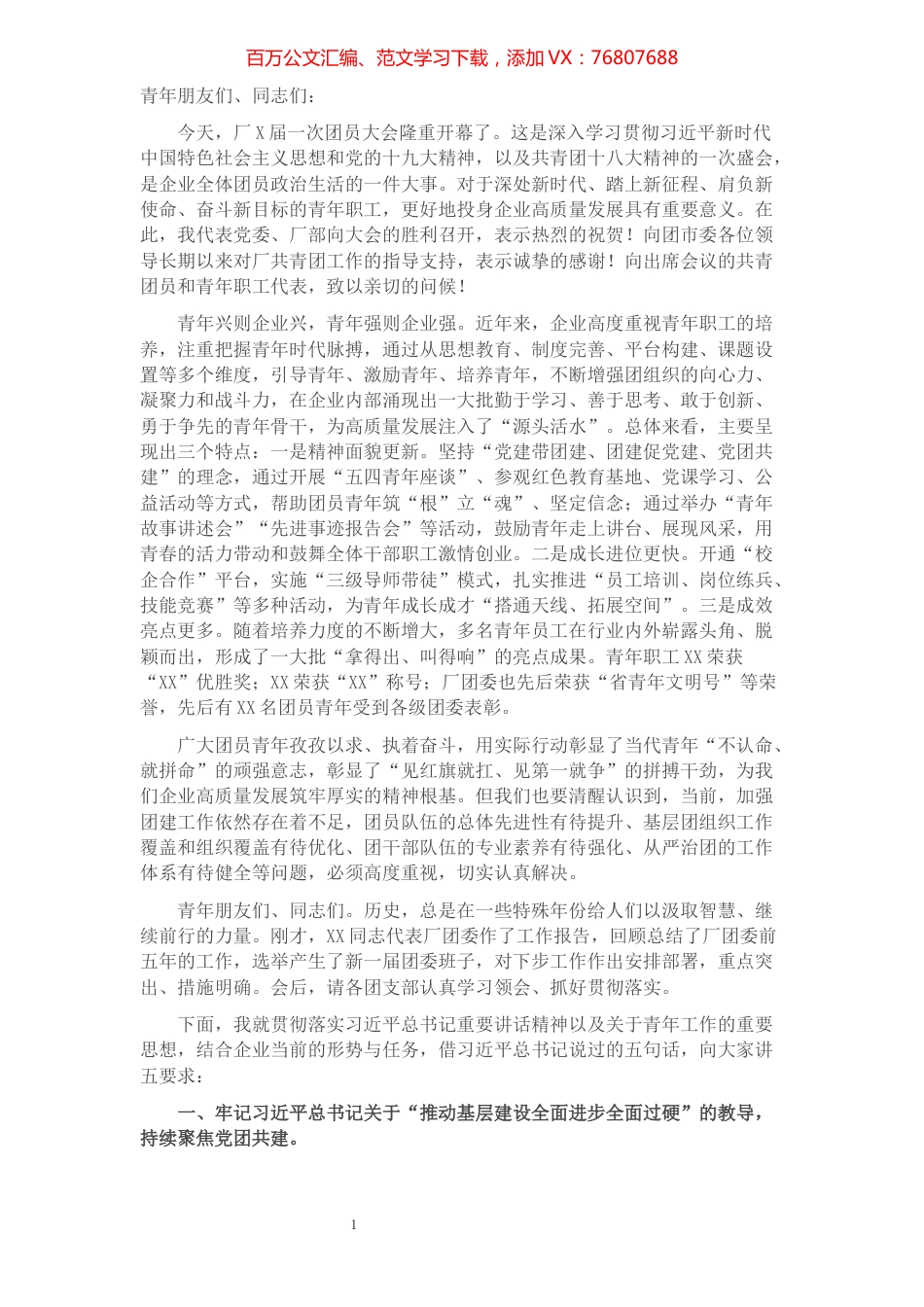 在X届一次团员大会上的讲话​​​​​​​​​​​​​.docx_第1页