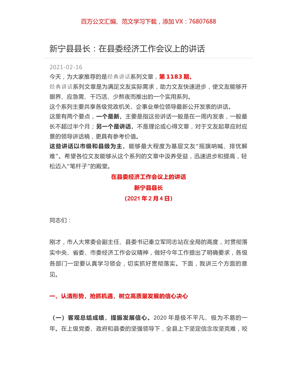 新宁县县长：在县委经济工作会议上的讲话.docx_第1页