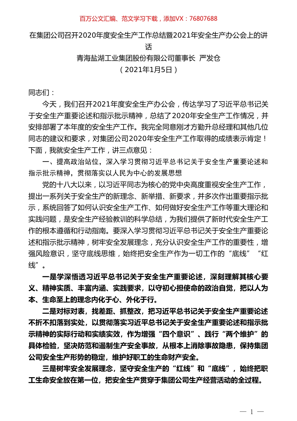 青海盐湖工业集团股份有限公司董事长严发仓：在集团公司召开2020年度安全生产工作总结暨2021年安全生产办公会上的讲话.doc_第1页