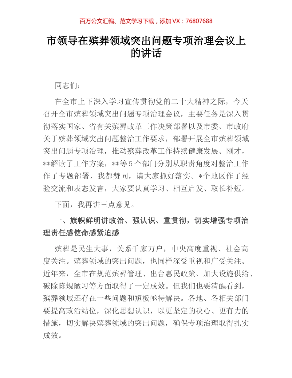 市领导在殡葬领域突出问题专项治理会议上的讲话.docx_第1页