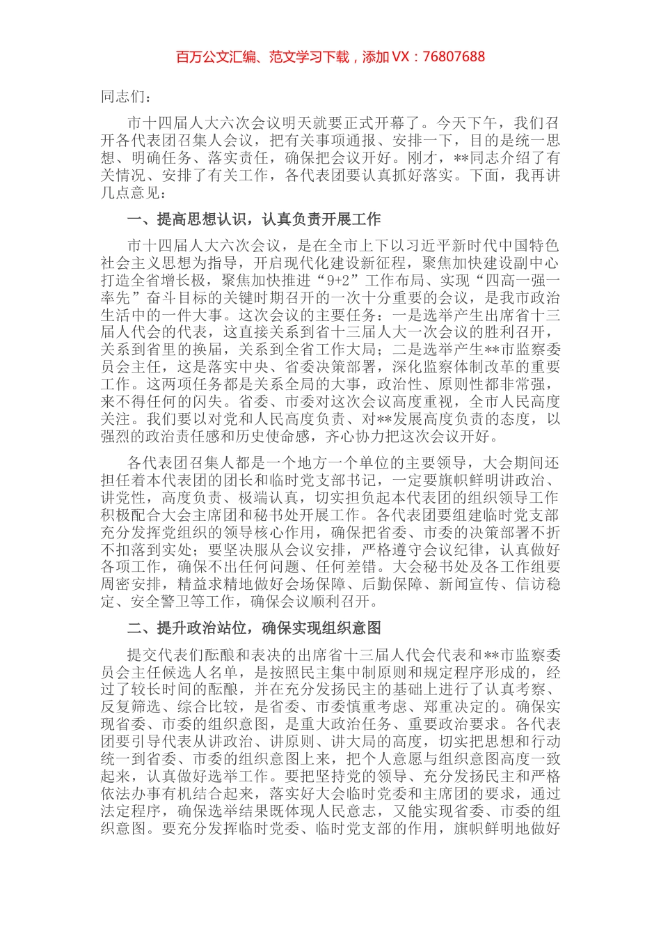 在市“两会”各代表团召集人会议上的讲话.docx_第1页
