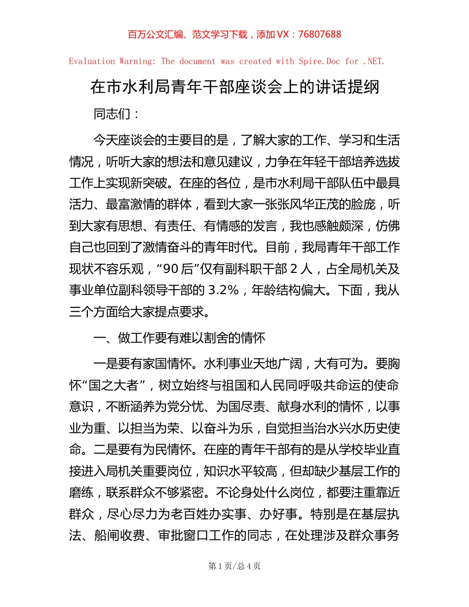 -在市水利局青年干部座谈会上的讲话提纲.docx_第1页