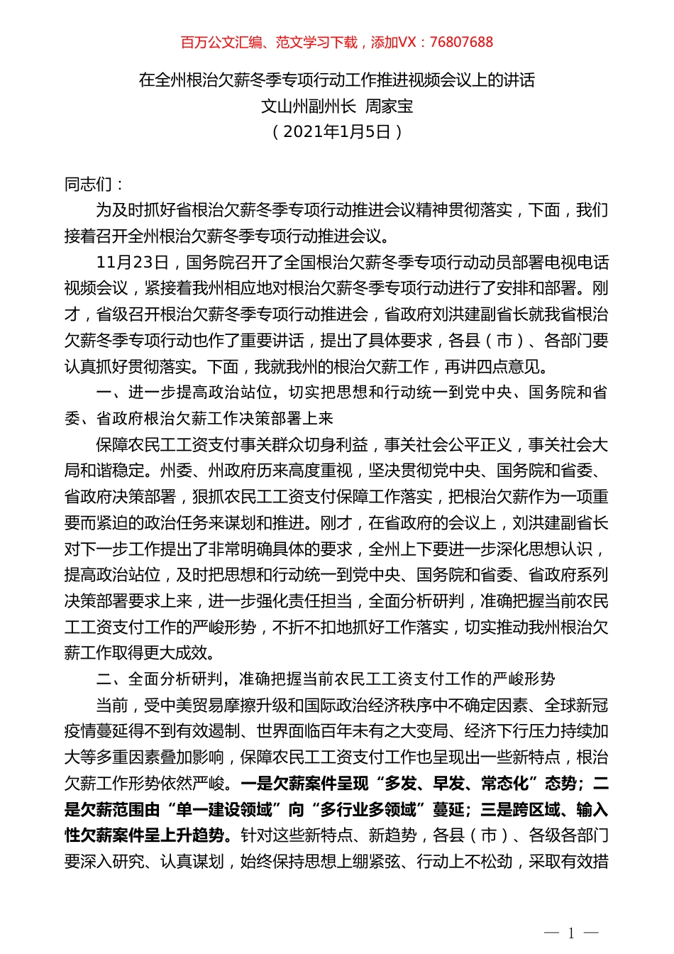 文山州副州长周家宝：在全州根治欠薪冬季专项行动工作推进视频会议上的讲话.doc_第1页