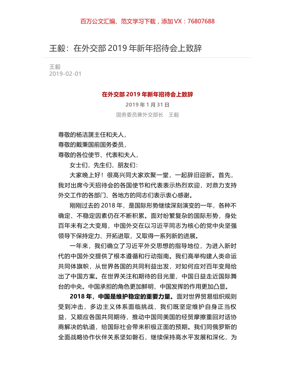 王毅：在外交部2019年新年招待会上致辞.docx_第1页