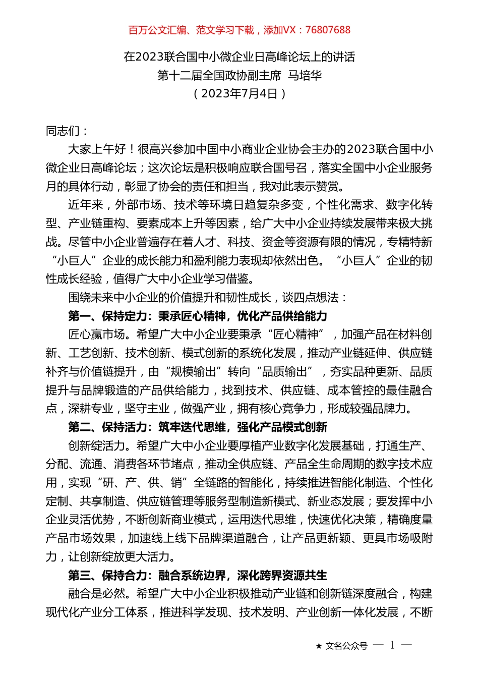 第十二届全国政协副主席马培华：在2023联合国中小微企业日高峰论坛上的讲话.doc_第1页