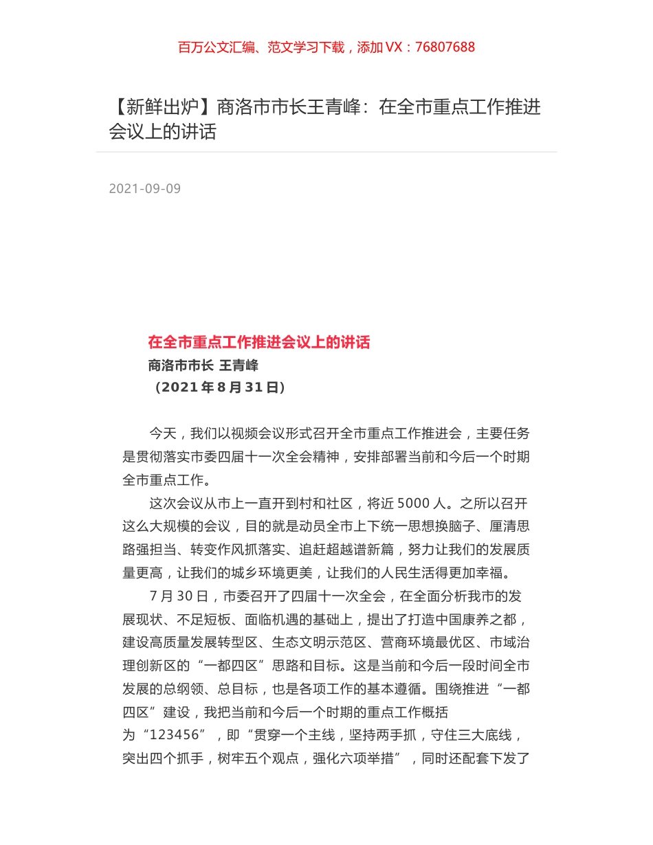 商洛市市长王青峰：在全市重点工作推进会议上的讲话.docx_第1页