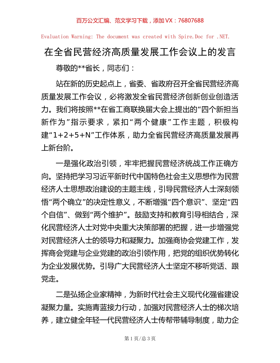 在全省民营经济高质量发展工作会议上的发言.docx_第1页