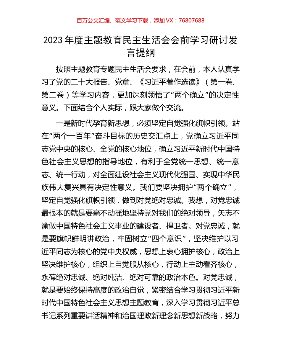 2023年度主题教育民主生活会会前学习研讨发言提纲.docx_第1页