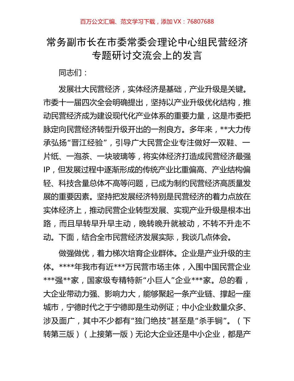 常务副市长在市委常委会理论中心组民营经济专题研讨交流会上的发言.docx_第1页
