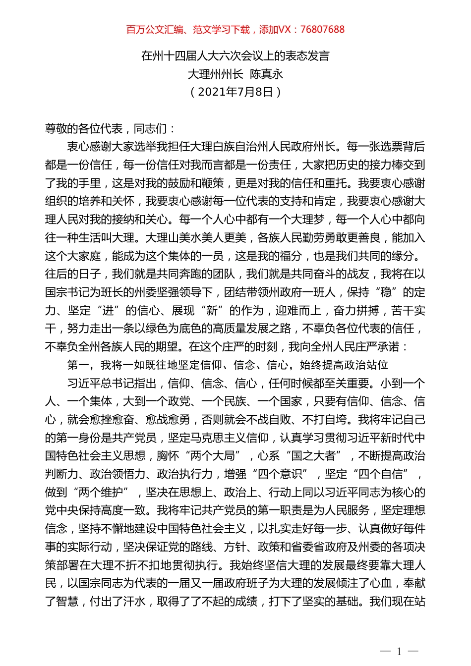 大理州州长陈真永：在州十四届人大六次会议上的表态发言.doc_第1页
