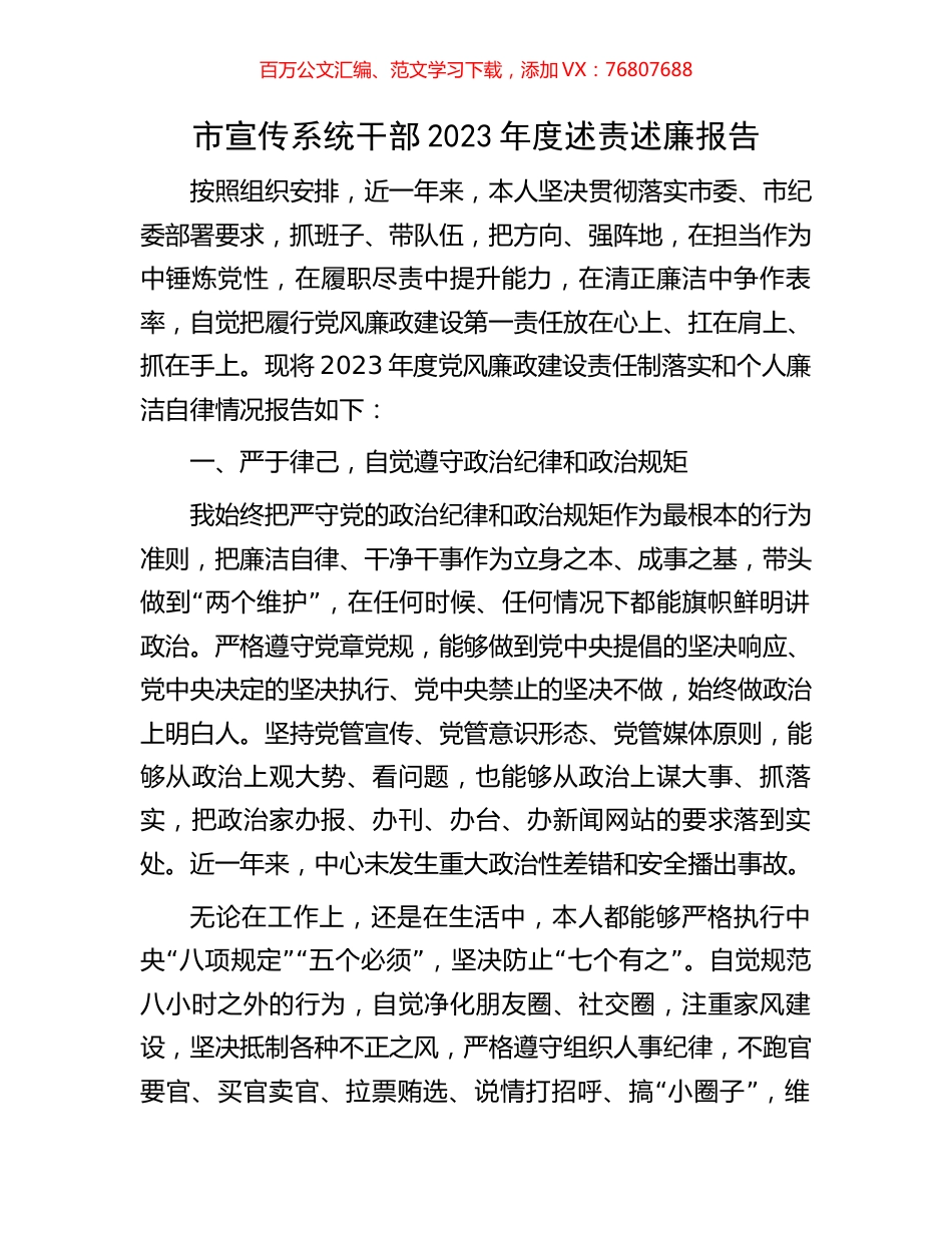 市宣传系统干部2023年度述责述廉报告.docx_第1页