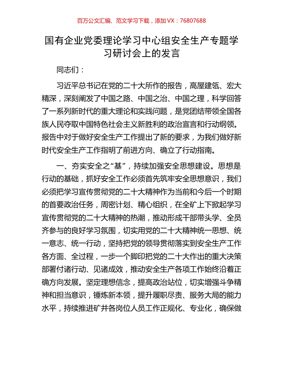 国有企业党委理论学习中心组安全生产专题学习研讨会上的发言.docx_第1页