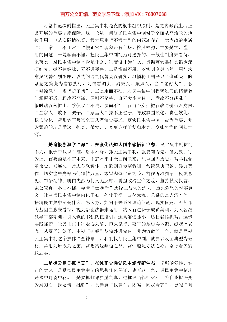 市委领导班子成员关于贯彻民主集中制原则纯洁党内政治生活的研讨发言.docx_第1页