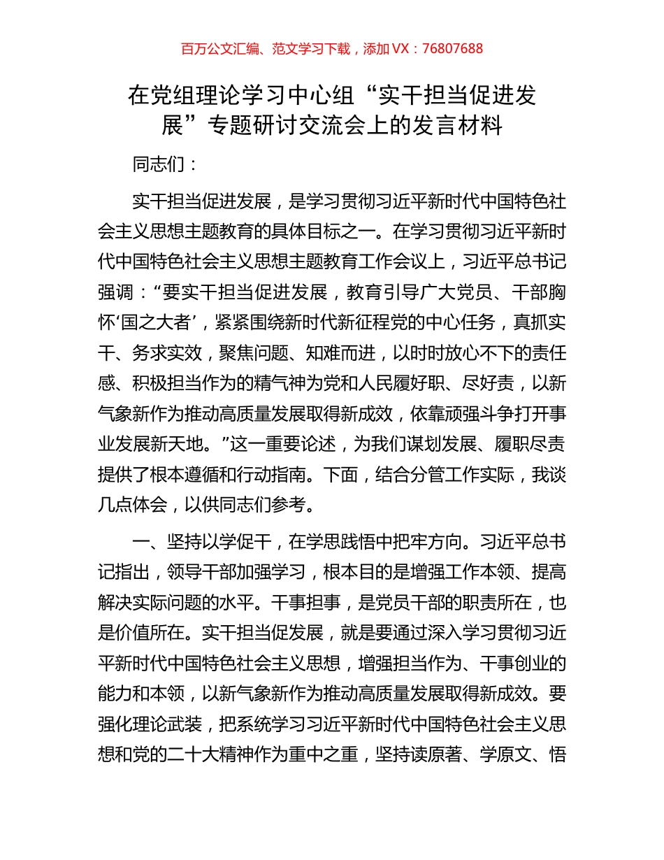在党组理论学习中心组“实干担当促进发展”专题研讨交流会上的发言材料.docx_第1页