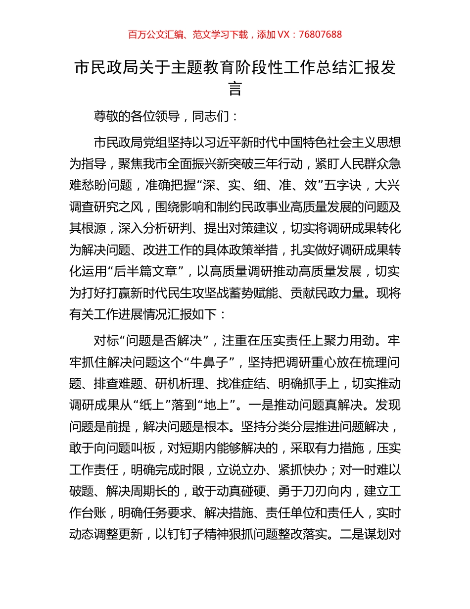 市民政局关于主题教育阶段性工作总结汇报发言.docx_第1页