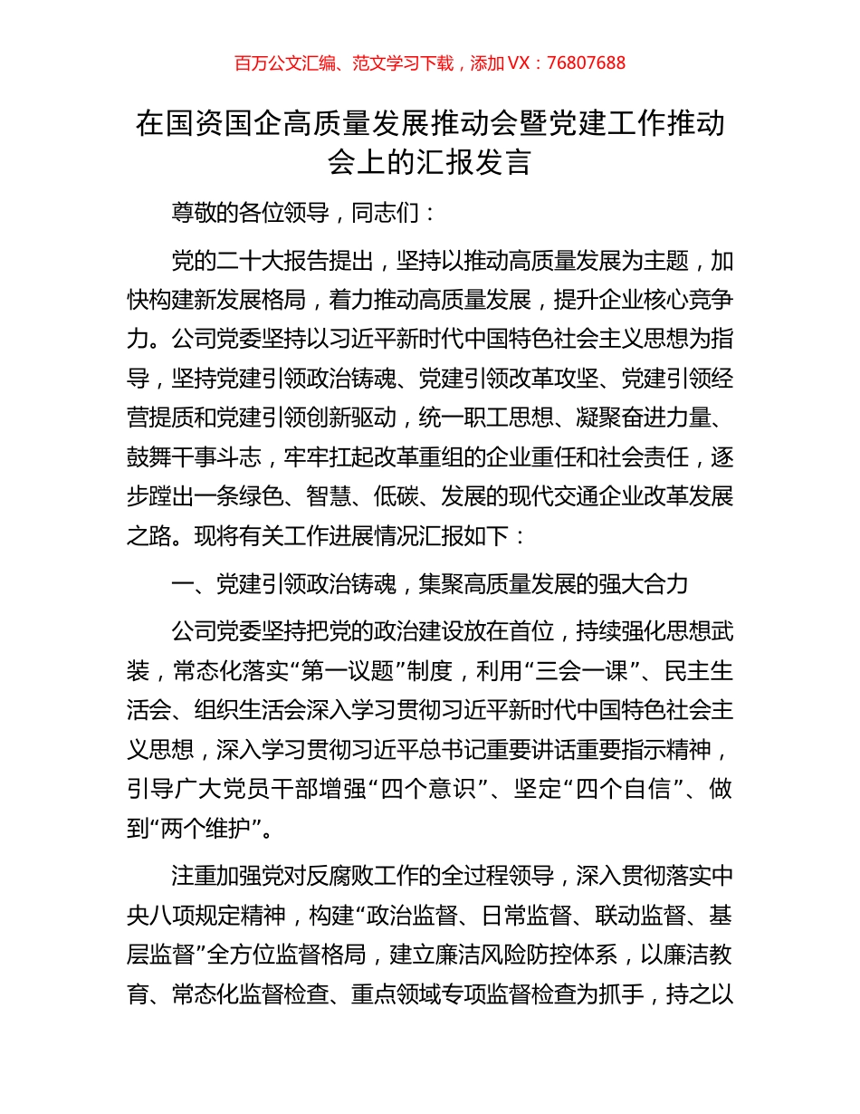 在国资国企高质量发展推动会暨党建工作推动会上的汇报发言.docx_第1页
