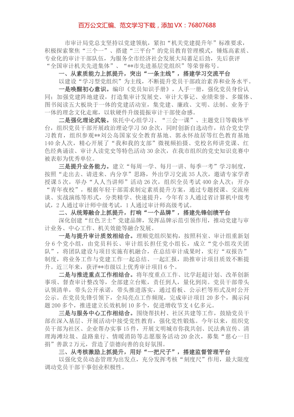 市审计局搭建“三平台” 锤炼高素质专业化审计队伍特色党建交流汇报.docx_第1页