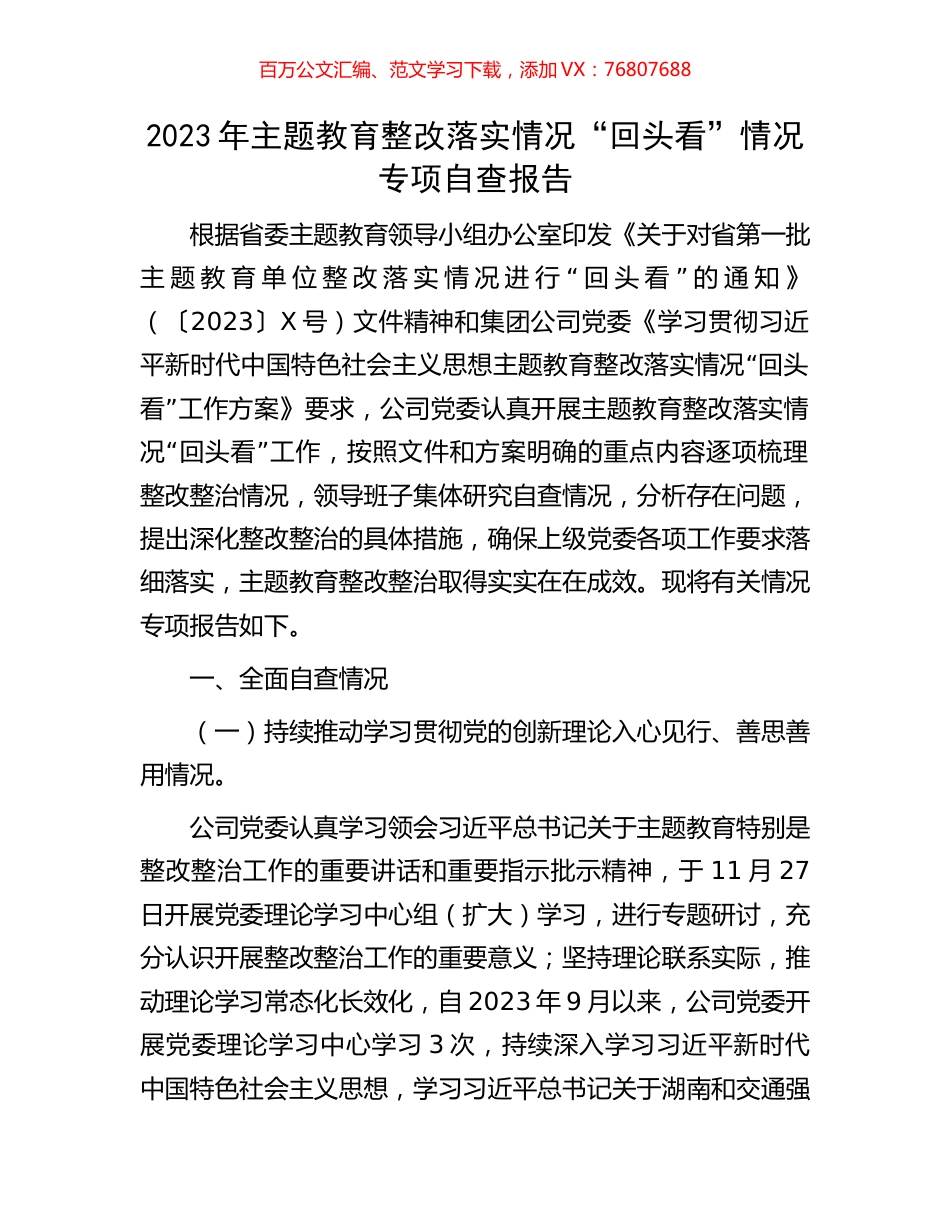 2023年主题教育整改落实情况“回头看”情况专项自查报告.docx_第1页