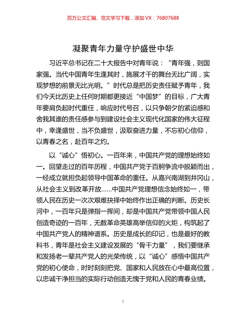 -凝聚青年力量  守护盛世中华.docx_第1页