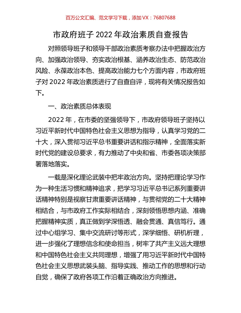 市政府班子2022年政治素质自查报告.docx_第1页