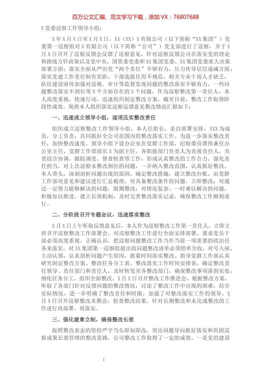 国企党支部主要负责人组织落实巡察整改工作情况报告.docx_第1页