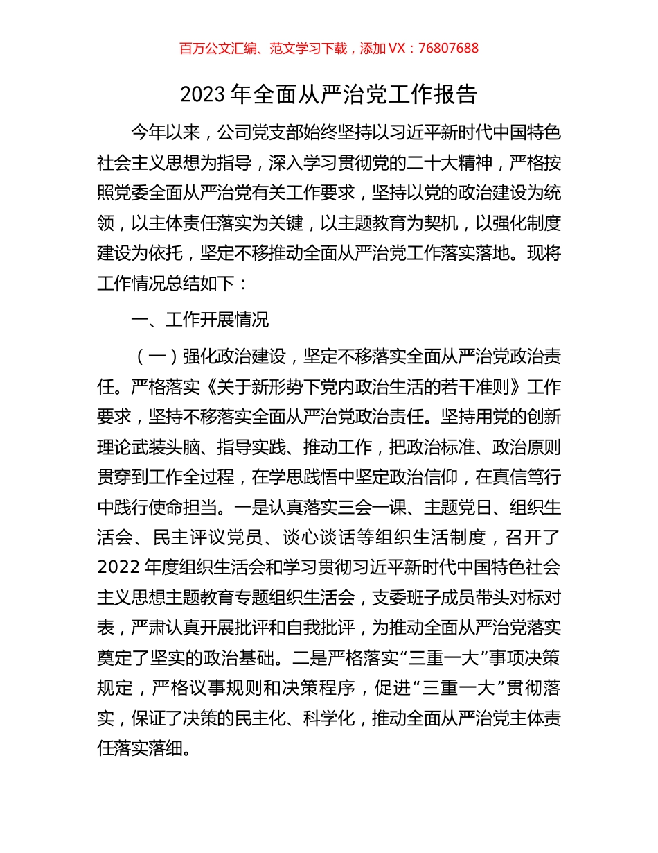 2023年全面从严治党工作报告.docx_第1页