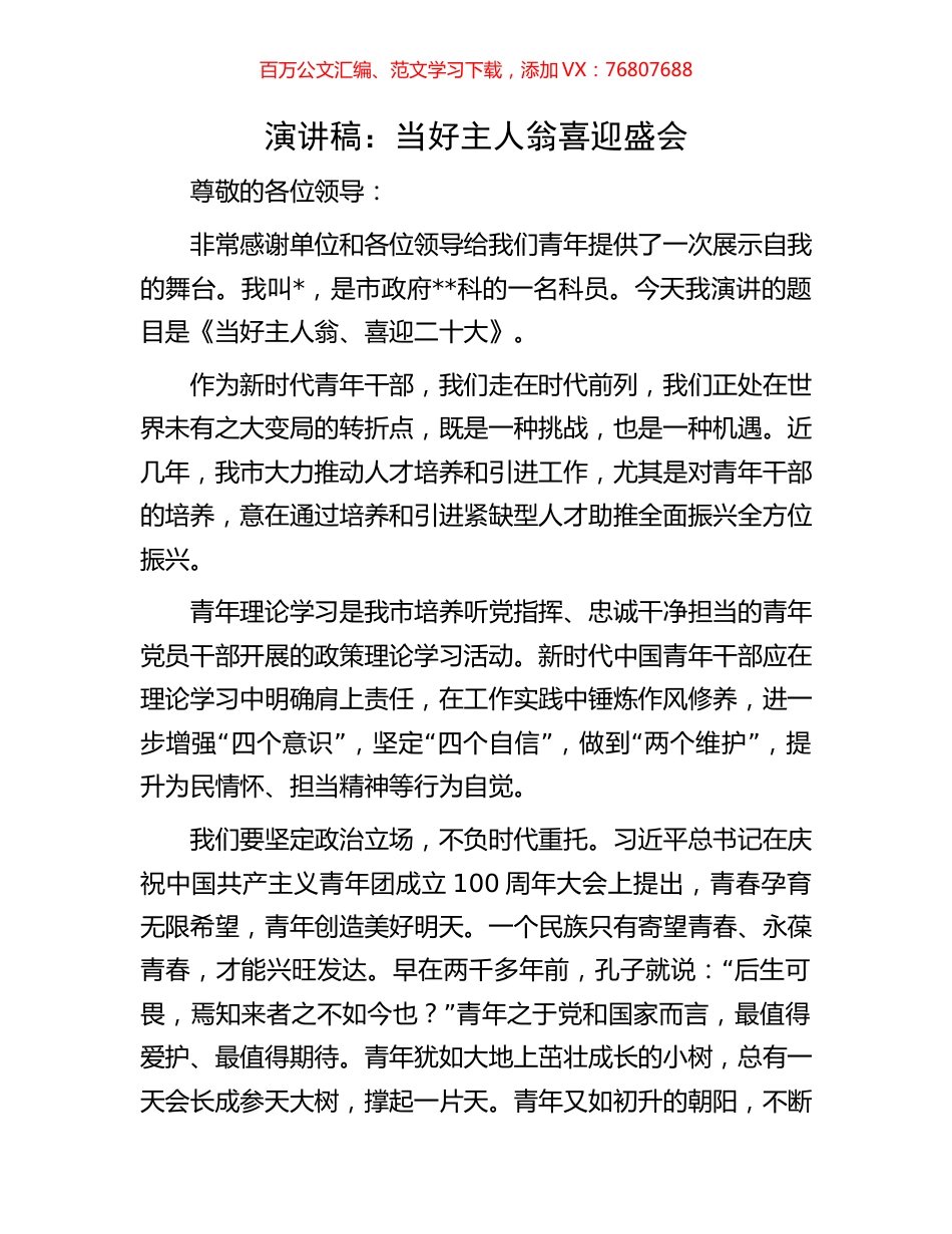 演讲稿：当好主人翁 喜迎盛会.docx_第1页