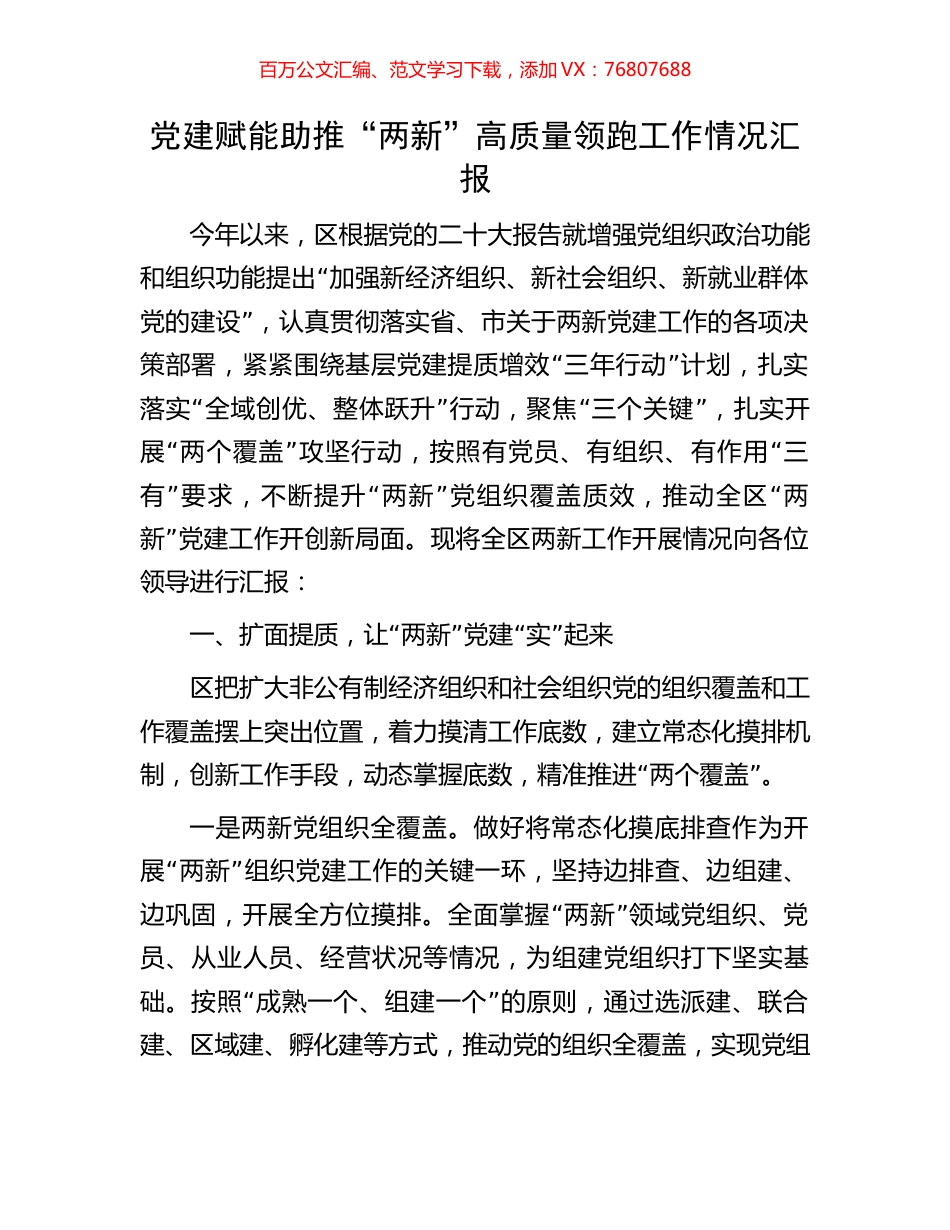 党建赋能助推“两新”高质量领跑工作情况汇报.docx_第1页