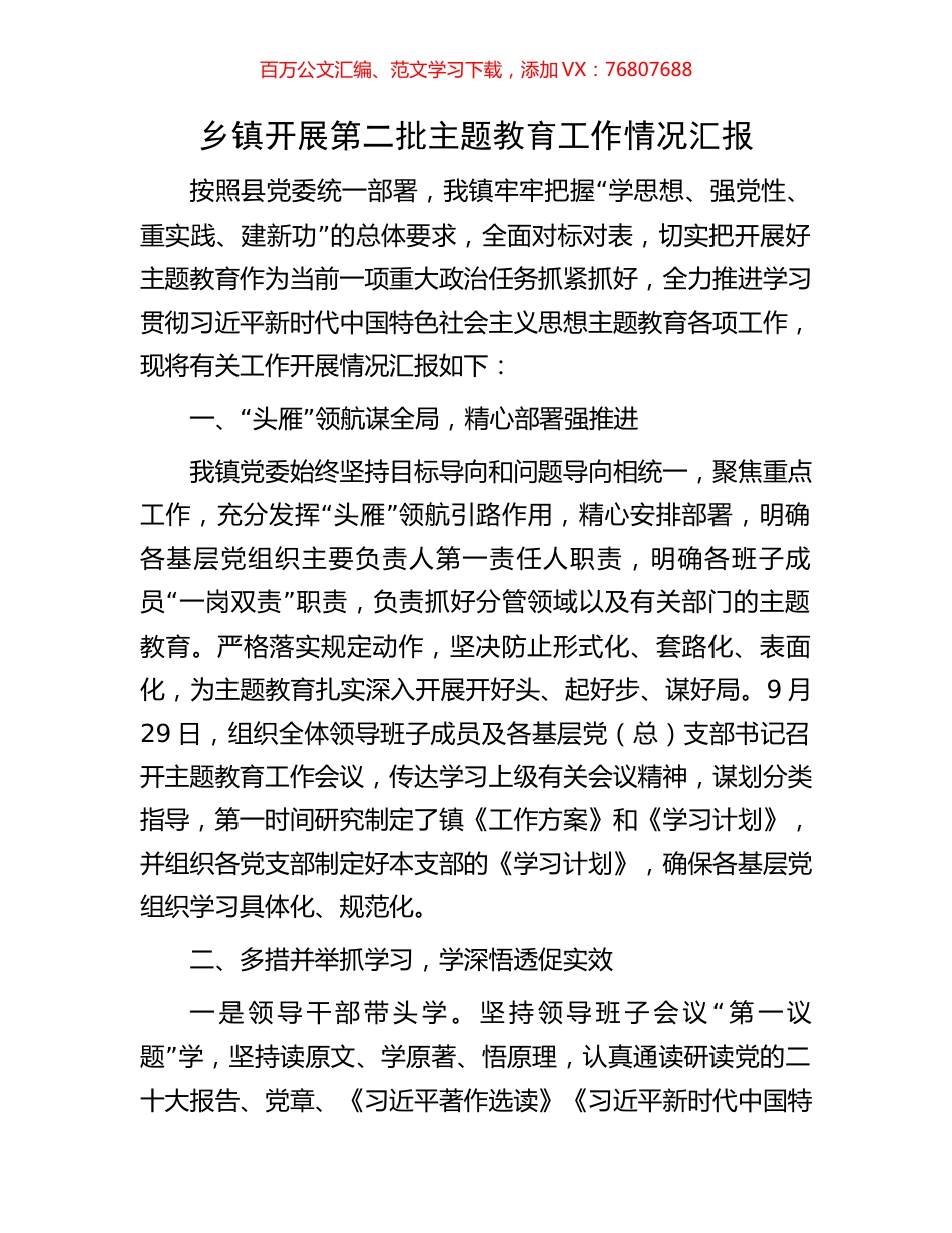 乡镇开展第二批主题教育工作情况汇报.docx_第1页