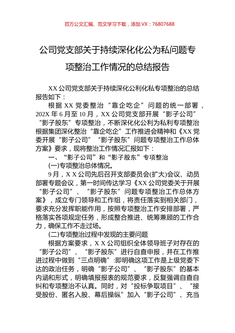 公司党支部关于持续深化化公为私问题专项整治工作情况的总结报告.docx_第1页