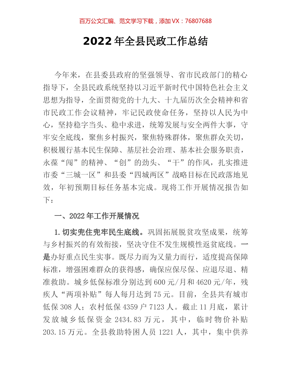 2022年全县民政工作总结.docx_第1页