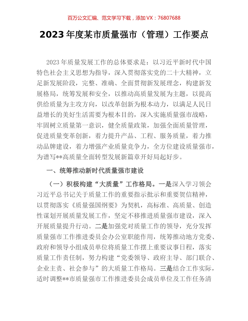 2023年度某市质量强市（管理）工作要点.docx_第1页