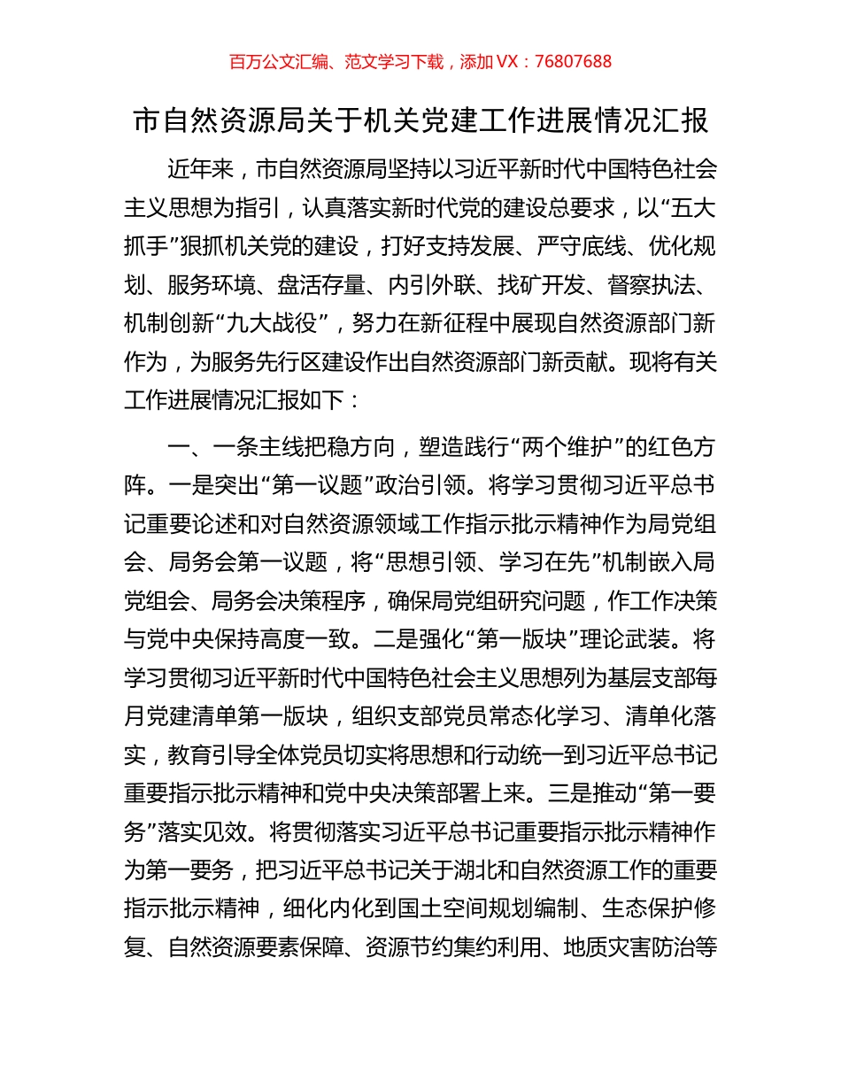 市自然资源局关于机关党建工作进展情况汇报.docx_第1页