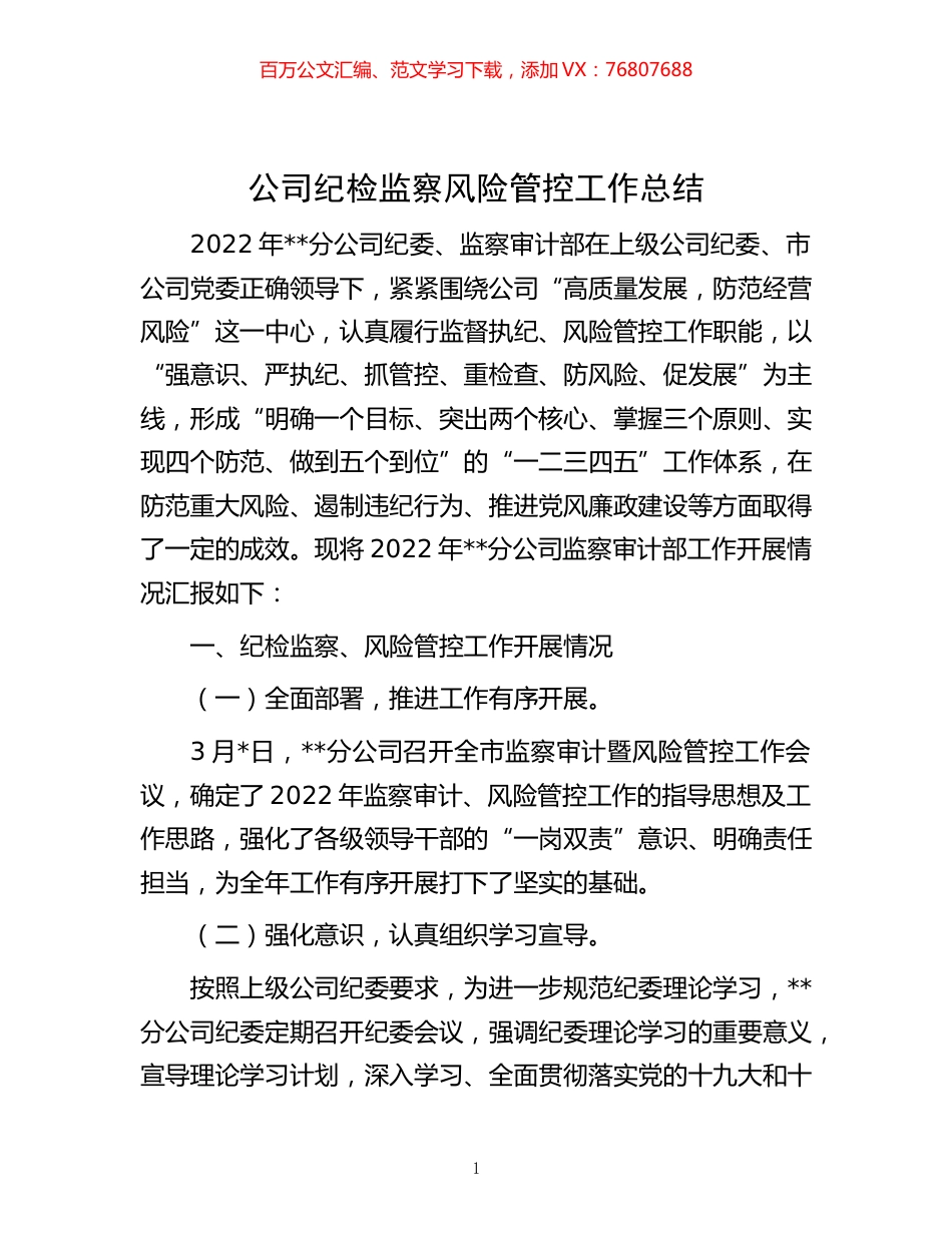 -公司纪检监察风险管控工作总结.docx_第1页