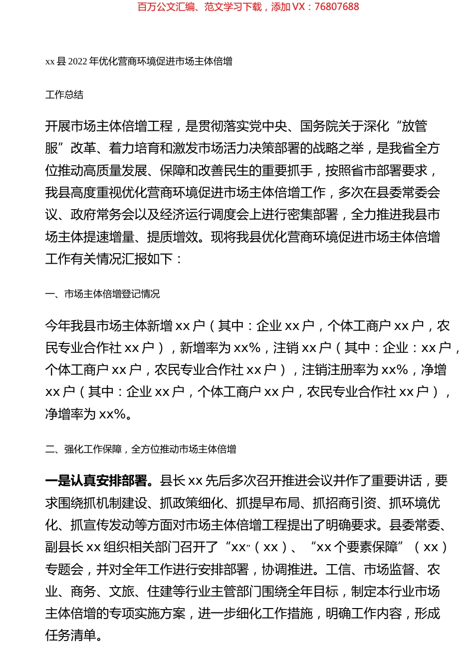 县2022年优化营商环境促进市场主体倍增工作总结.docx_第1页