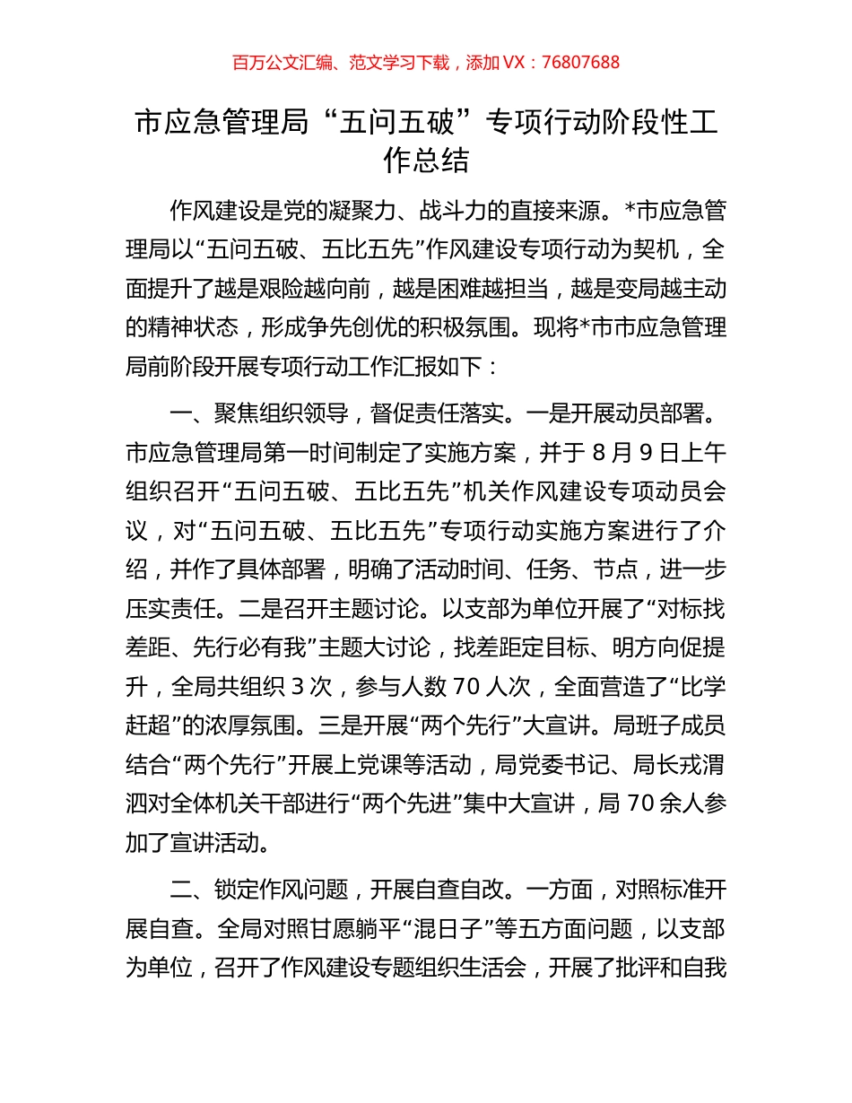 市应急管理局“五问五破”专项行动阶段性工作总结.docx_第1页