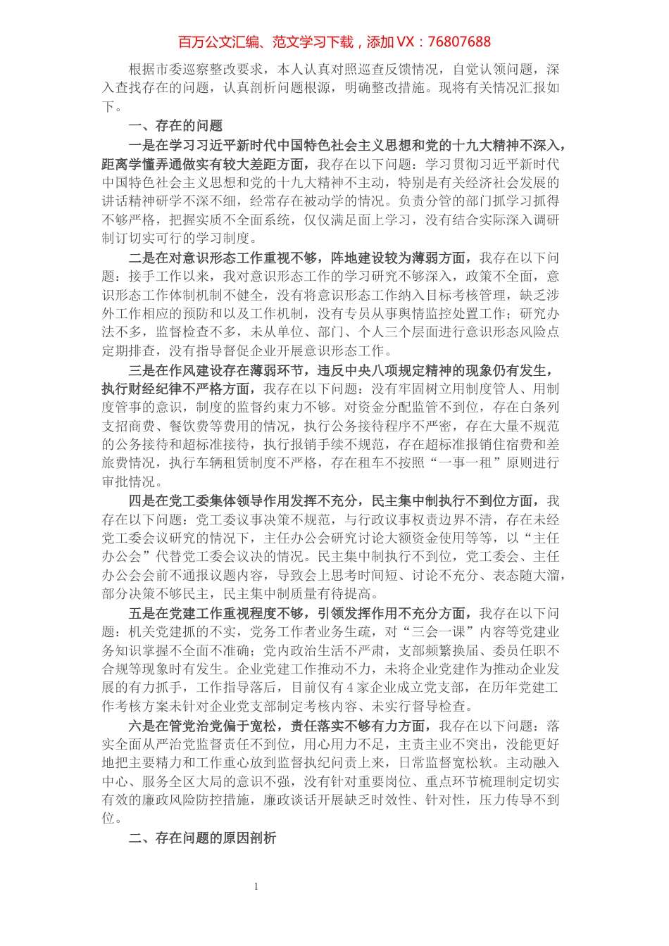 巡察整改专题民主生活会个人剖析材料.docx_第1页