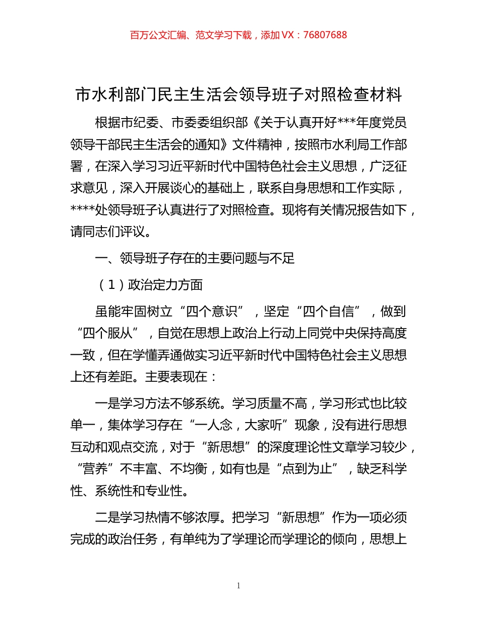 -市水利部门民主生活会领导班子对照检查材料.docx_第1页