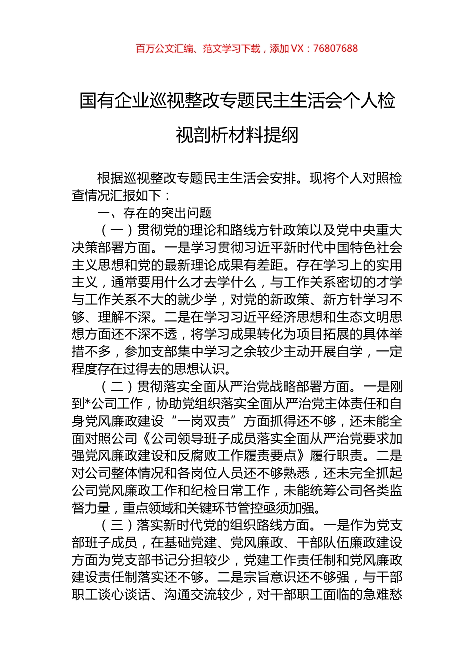 国有企业巡视整改专题民主生活会个人检视剖析材料提纲.docx_第1页