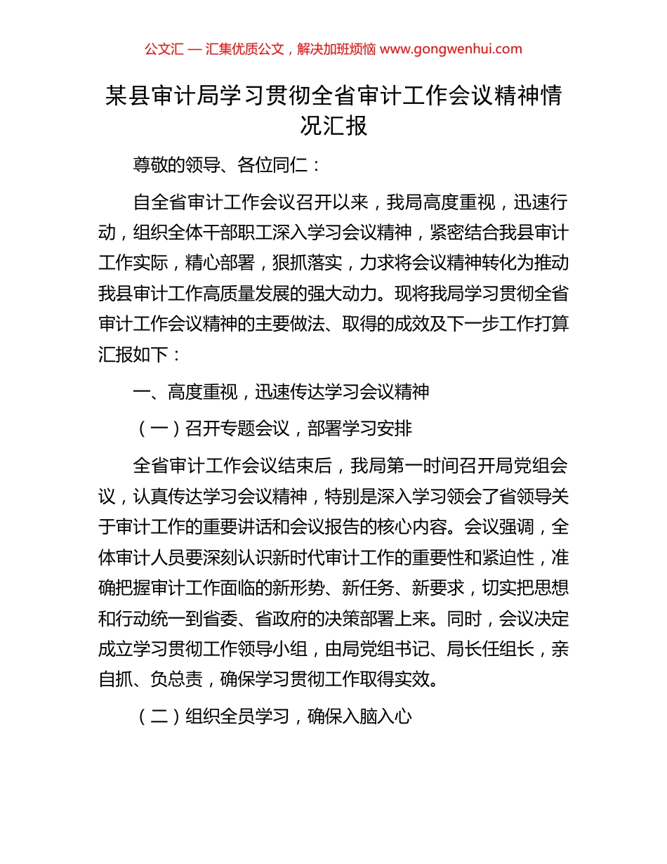 某县审计局学习贯彻全省审计工作会议精神情况汇报 (2).docx_第1页