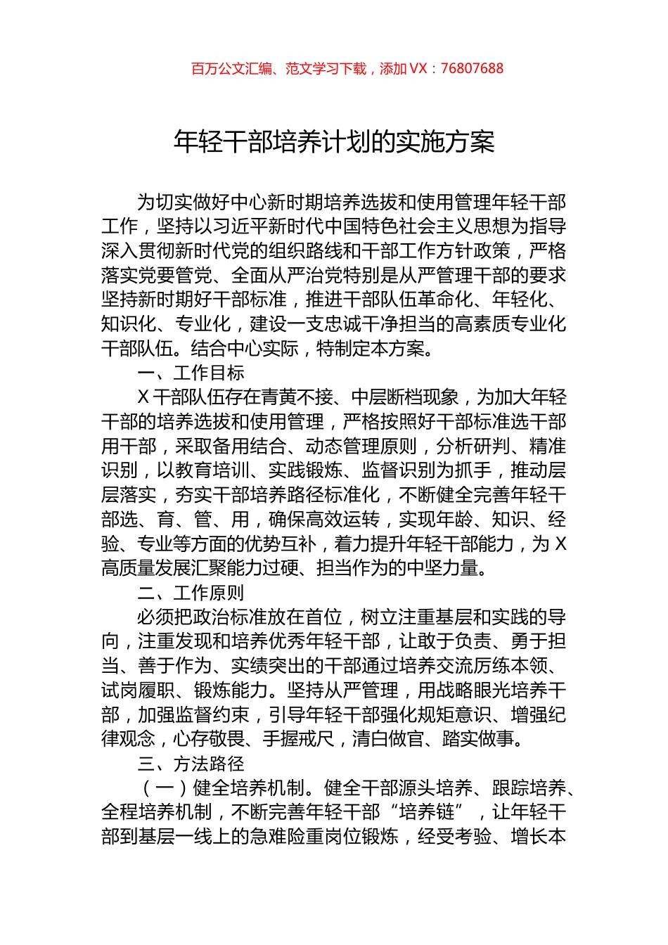 年轻干部培养计划的实施方案.docx_第1页