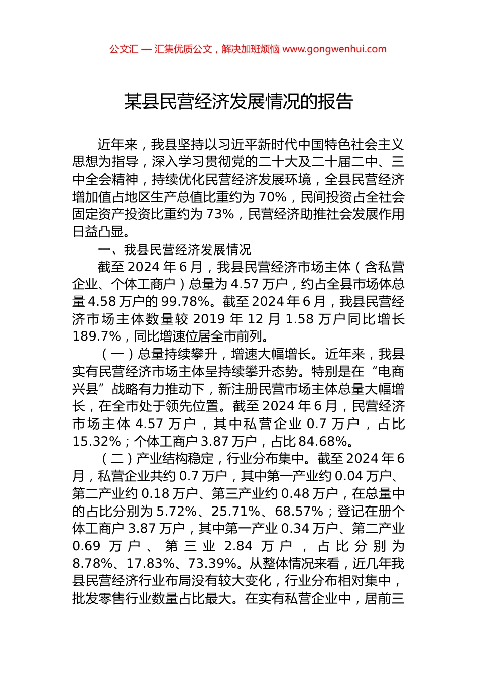 某县民营经济发展情况的报告.docx_第1页