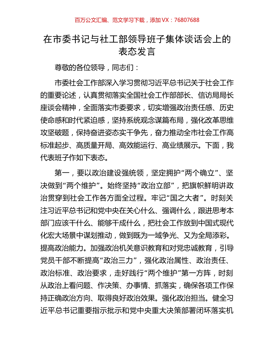 在市委书记与社工部领导班子集体谈话会上的表态发言.docx_第1页