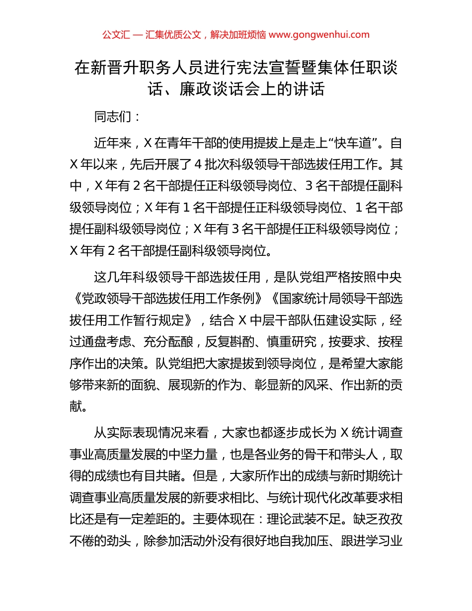在新晋升职务人员进行宪法宣誓暨集体任职谈话、廉政谈话会上的讲话.docx_第1页
